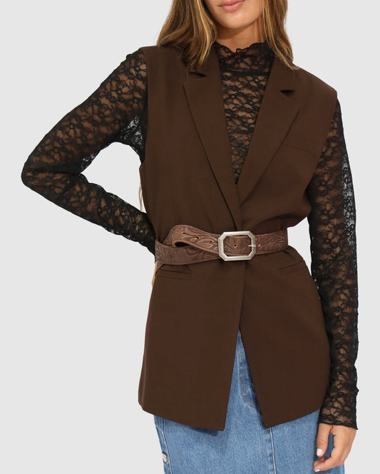 Chocolate Stand By Me Embossed Leather Belt with brushed silver, octagonal buckle and adjustable fit with multiple holes