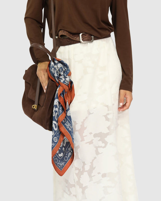 Navy/Rust Library Romance Fashion Scarf with versatile styling piece for neck, waist, hair or bag - alternate view