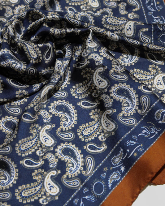 Navy/Rust Library Romance Fashion Scarf with versatile styling piece for neck, waist, hair or bag - alternate view