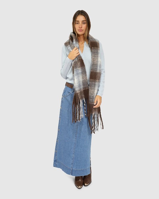 Brown/Blue Born This Way Scarf with oversized silhouette and fringe detailing - front view