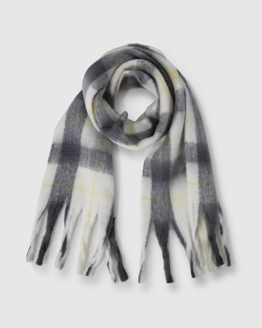 Yellow/Grey Easy Does It Scarf with fringed edges - alternate view