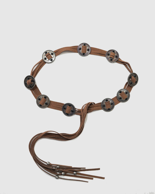 Brown Dusk to Dawn Belt with vintage-inspired concho-style hardware - alternate view