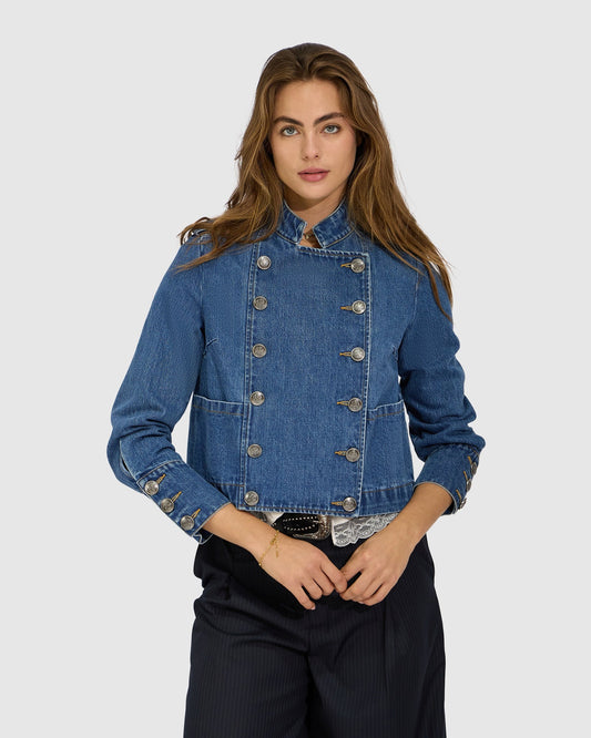 Blue Wash Front Line Military Denim Jacket with double-breasted front - alternate view