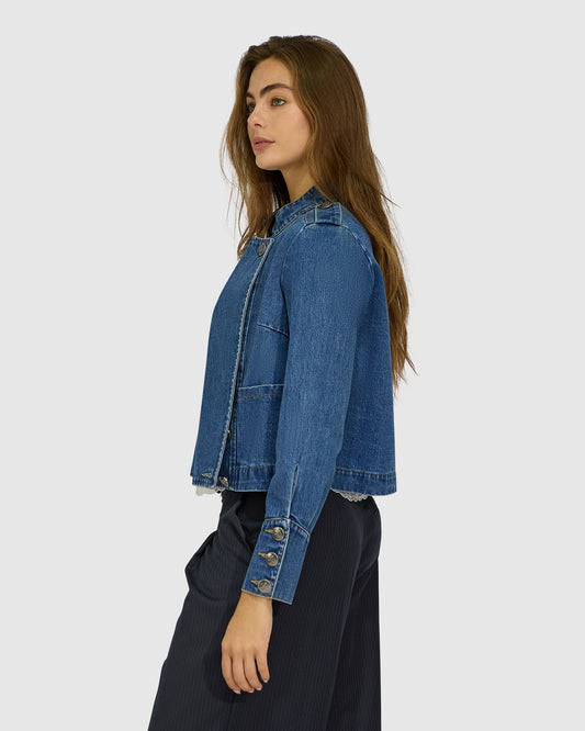Blue Wash Front Line Military Denim Jacket with stand collar - alternate view
