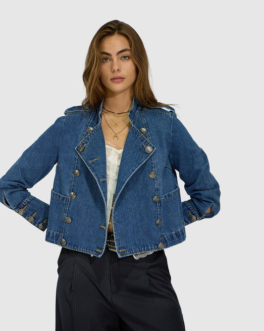 Blue Wash Front Line Military Denim Jacket with front pockets - alternate view