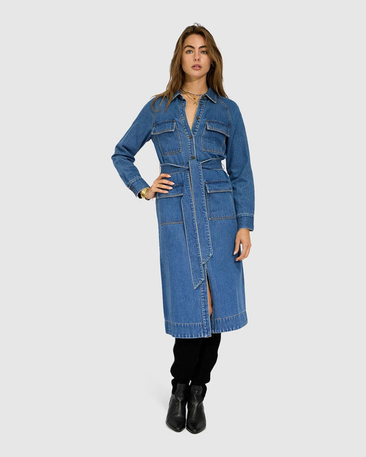 Mid Blue See Through You Midi Belted Trench Dress with self-tie waist - alternate view
