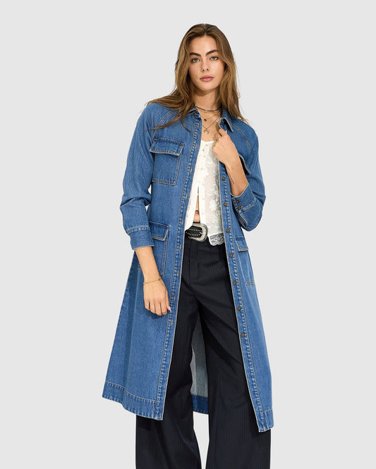 Mid Blue See Through You Midi Belted Trench Dress with wide-leg silhouette and self-tie waist - front view