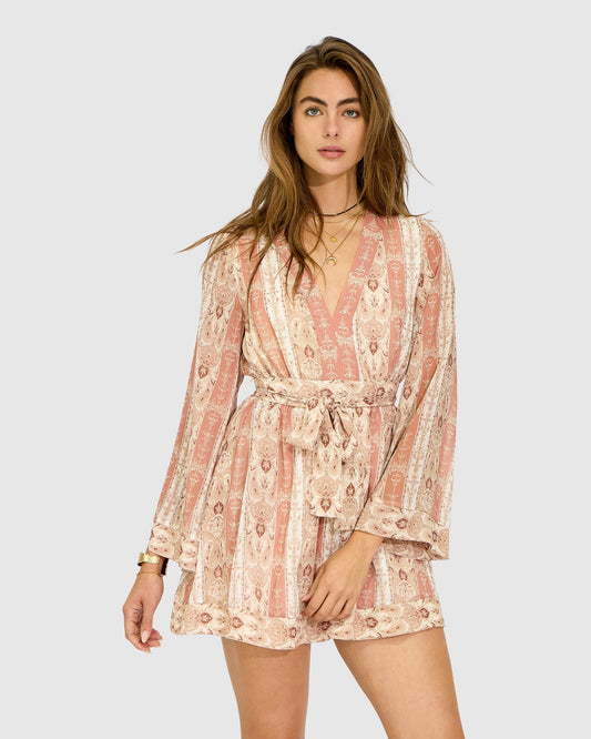 Rose Precision Flared Sleeve Mini Dress with V-neckline and self-tie waist - front view
