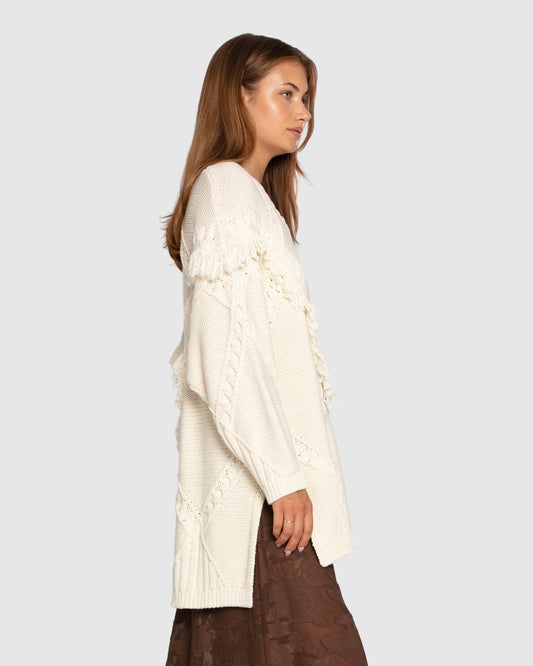 Cream Tassel Line Fringe Oversized Sweater with ribbed texture - alternate view