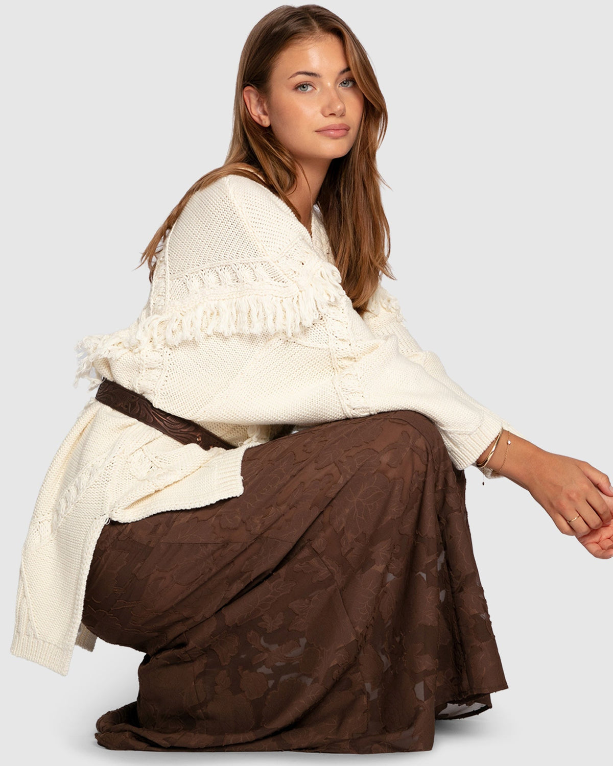 Cream Tassel Line Fringe Oversized Sweater with oversized silhouette - alternate view