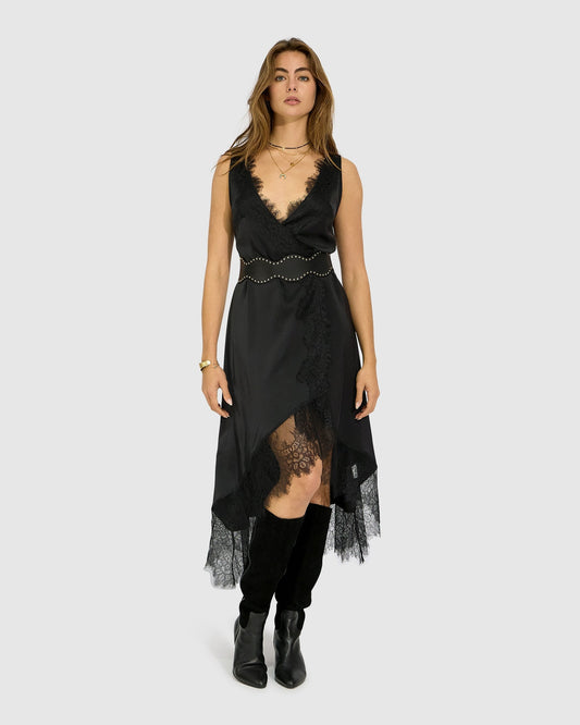 Black Soft Temptation Lace Trim Wrap Dress with wrap front and lace detailing - front view