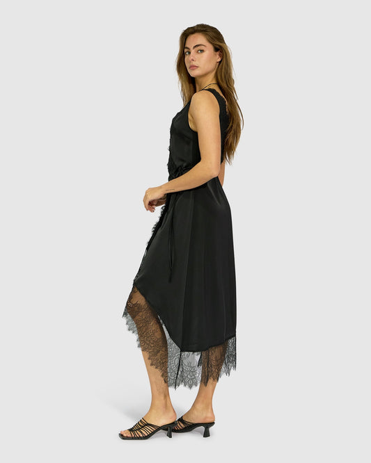 Black Soft Temptation Lace Trim Wrap Dress with fully functioning, midi length wrap dress - alternate view