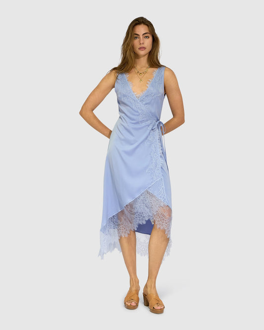 Blue Soft Temptation Lace Trim Wrap Dress with wrap front and lace detailing - front view