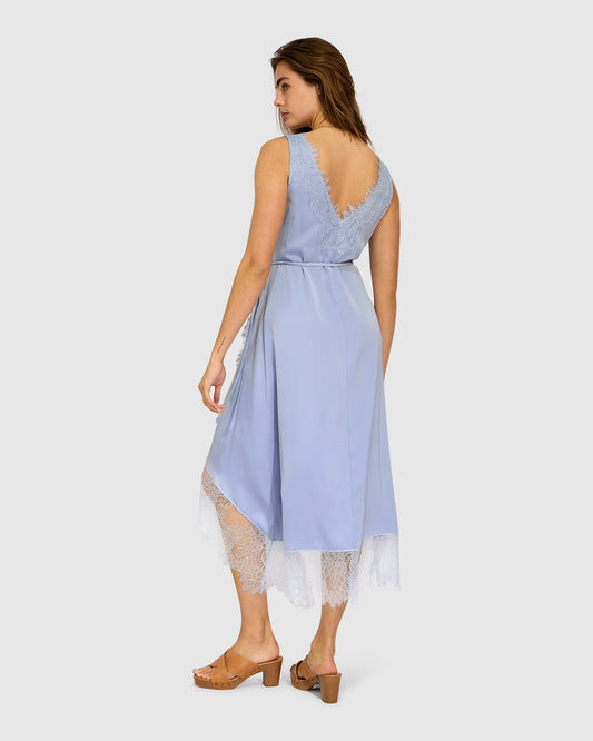 Blue Soft Temptation Lace Trim Wrap Dress with lace detailing - alternate view