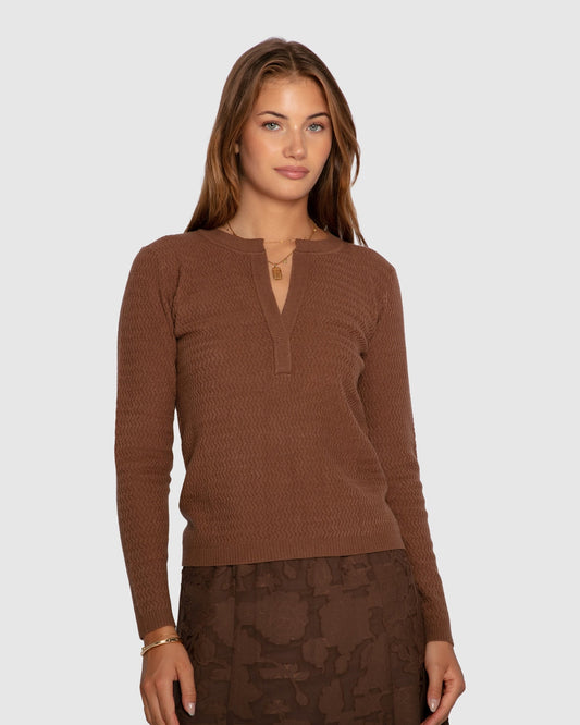 Chocolate Frankie Textured Knitted Long Sleeve Top with V-neckline and long sleeves - front view