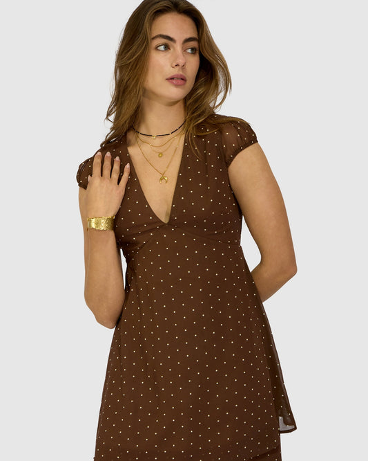 Chocolate Falling For You Tiered Maxi Dress with short gathered cap sleeves - alternate view