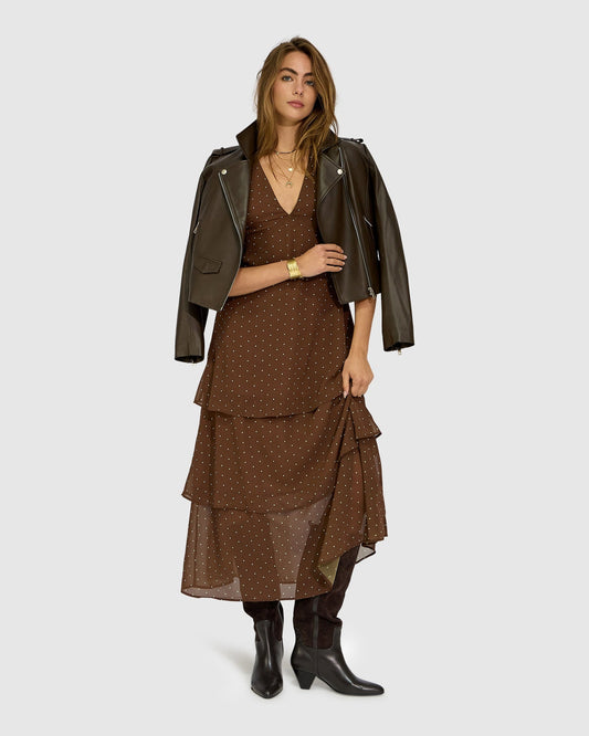 Chocolate Falling For You Tiered Maxi Dress with tiered silhouette and V-neckline - front view