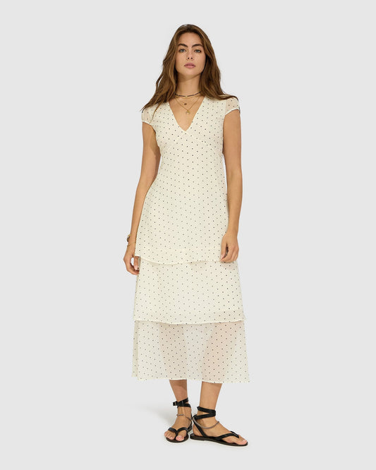 Cream/Black Falling For You Tiered Maxi Dress with tiered silhouette and V-neckline - front view