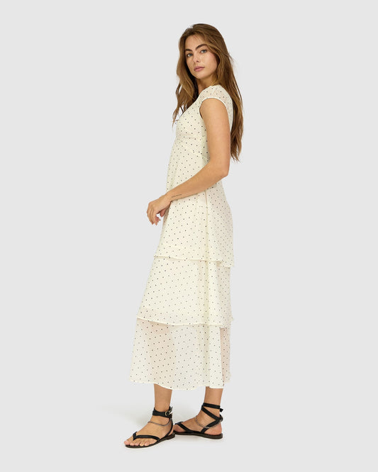 Cream/Black Falling For You Tiered Maxi Dress with short gathered cap sleeves - alternate view