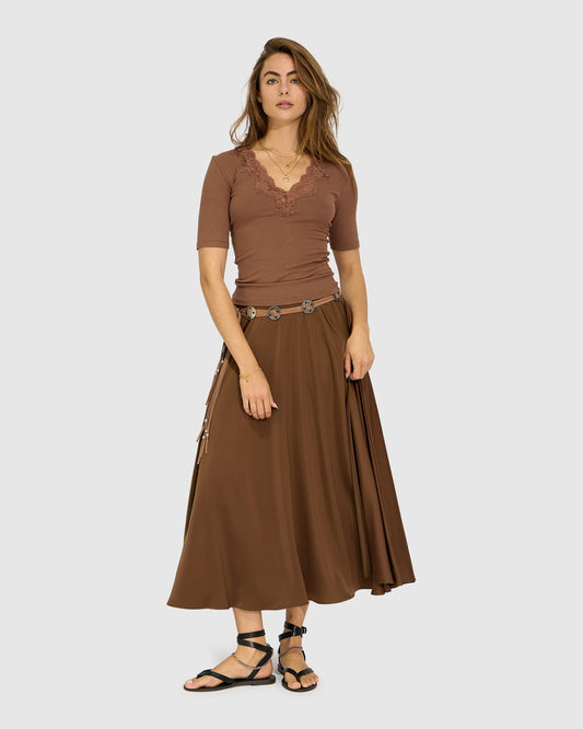 Chocolate Move with Me Maxi Skirt with zip closure and bias-cut silhouette for fluid drape - front view