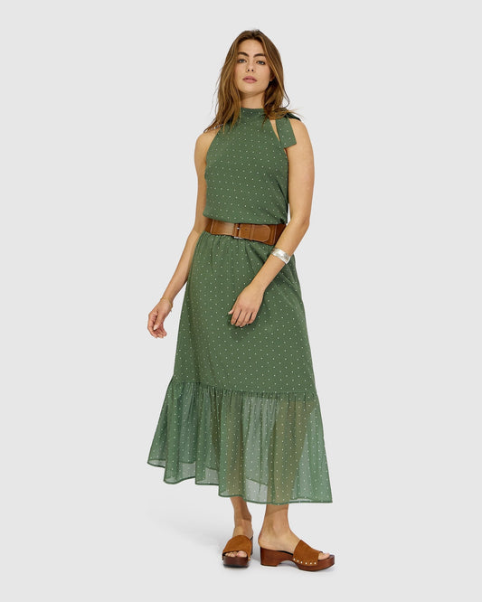Olive/Ivory Let It Flow Tiered Maxi Skirt with gathered sheer hem tier - alternate view