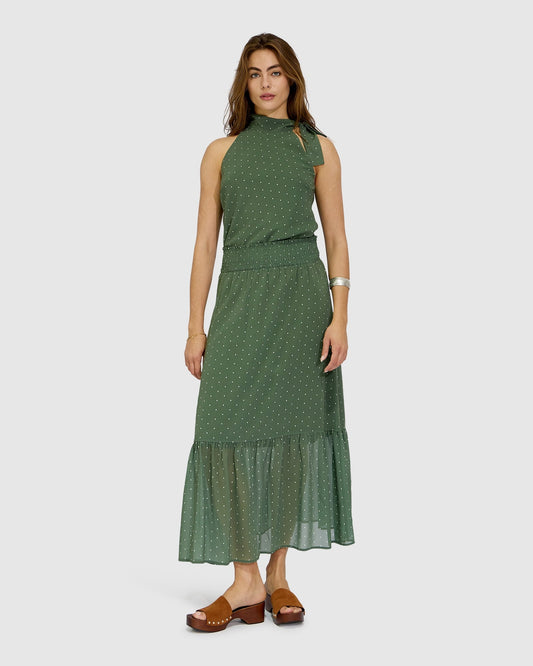 Olive/Ivory Let It Flow Tiered Maxi Skirt with shirred elasticated waistband - alternate view