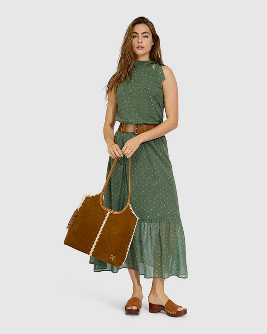 Olive/Ivory Let It Flow Tiered Maxi Skirt with shirred elasticated waistband and gathered sheer hem tier - front view