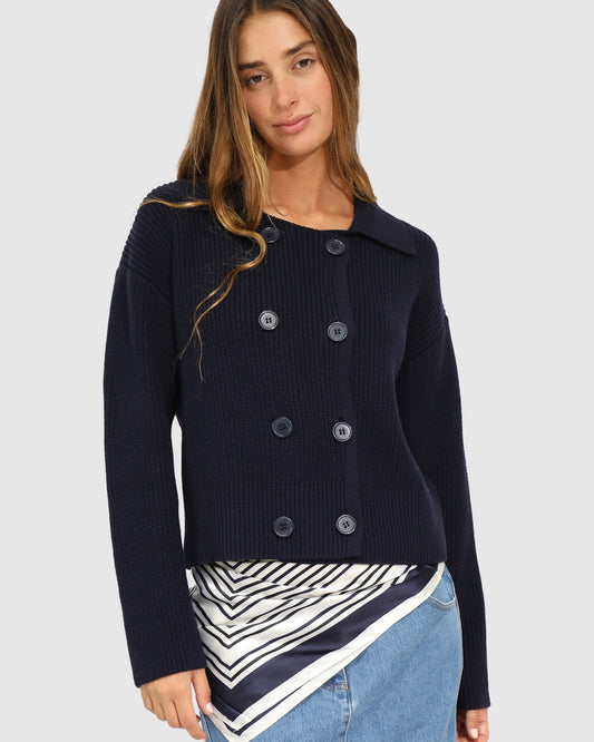 Navy Make It With You Buttoned Cardi Jacket with double-breasted front and button front - front view