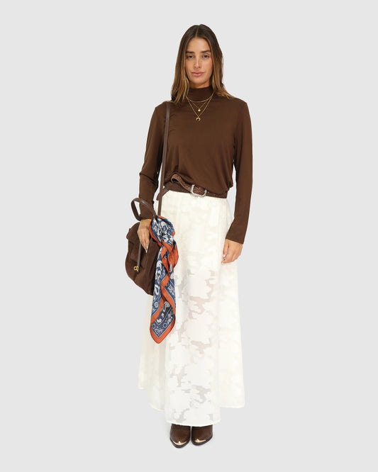 Chocolate Easy Love Long Sleeve Top with relaxed drape silhouette and roll neck - front view