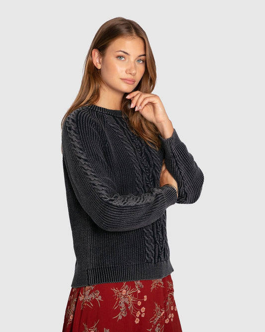 Navy Hudson Street Cable Garment Dyed Sweater with crew neckline - alternate view