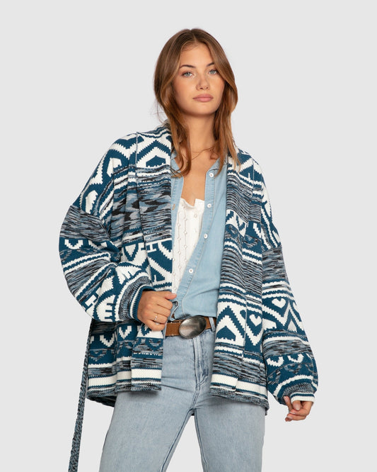 Blue Twice Loved Cardigan with wrap front and self-tie waist - front view