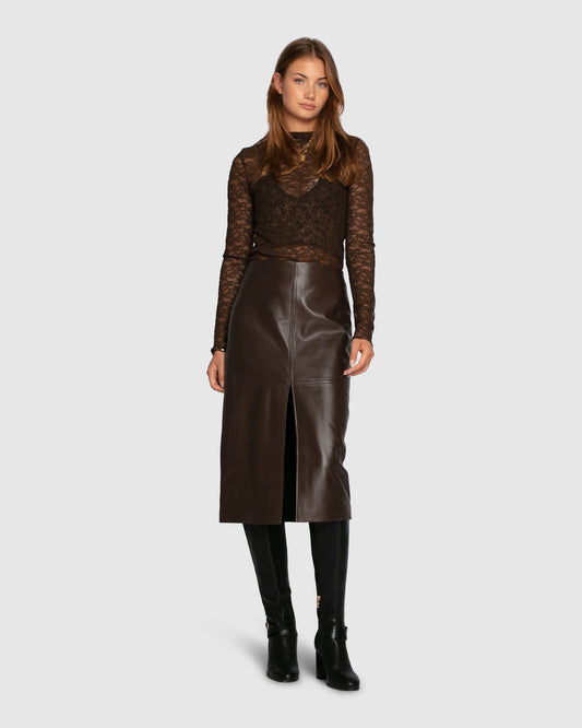 Chocolate Understated Leather Pencil Skirt with zip closure - alternate view