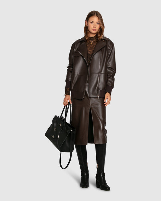 Chocolate Understated Leather Pencil Skirt with zip closure and pencil silhouette - front view