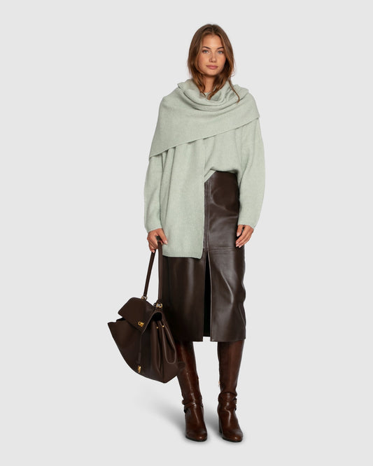 Chocolate Understated Leather Pencil Skirt with panel seam detailing - alternate view