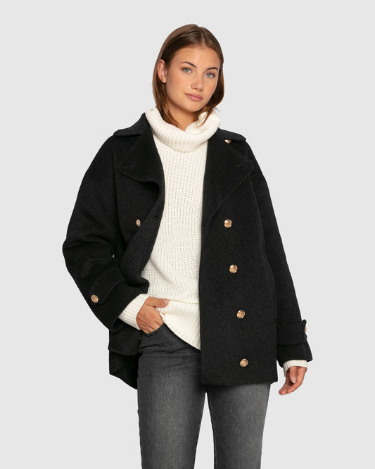 Charcoal Right and Forward double-breasted Wool Blend Pea Coat with double-breasted front and oversized silhouette - front