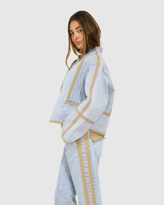 Light Denim Wash Free And Forward Quilted Denim Jacket with cropped silhouette - alternate view
