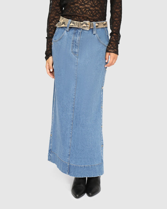 Mid Denim Wash Edge Line Denim Maxi Skirt with Side Buttons with high-rise waistband - alternate view