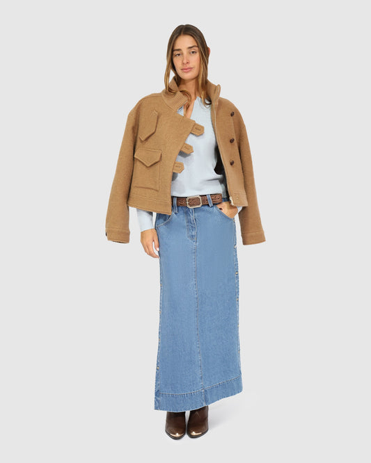 Mid Denim Wash Edge Line Denim Maxi Skirt with Side Buttons with straight maxi silhouette - alternate view