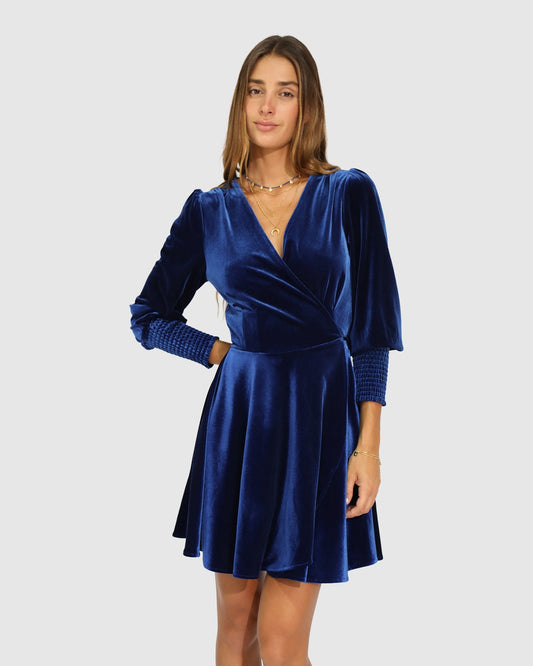 Navy Loved You First Velvet Mini Dress with wrap front and V-neckline - front view