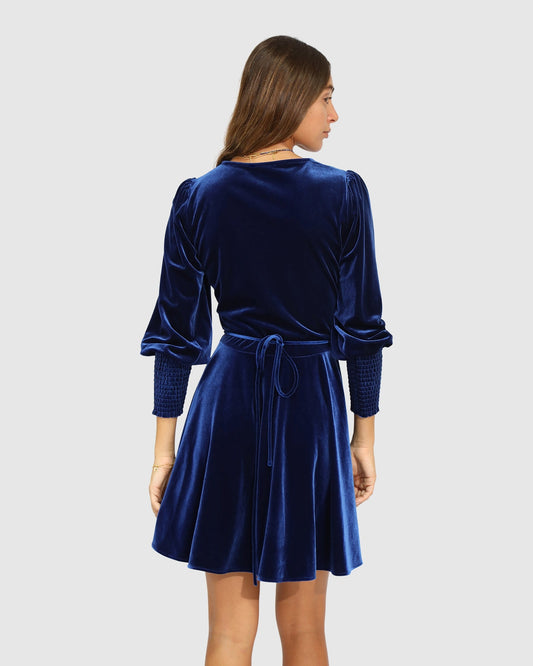 Navy Loved You First Velvet Mini Dress with wrap front - alternate view
