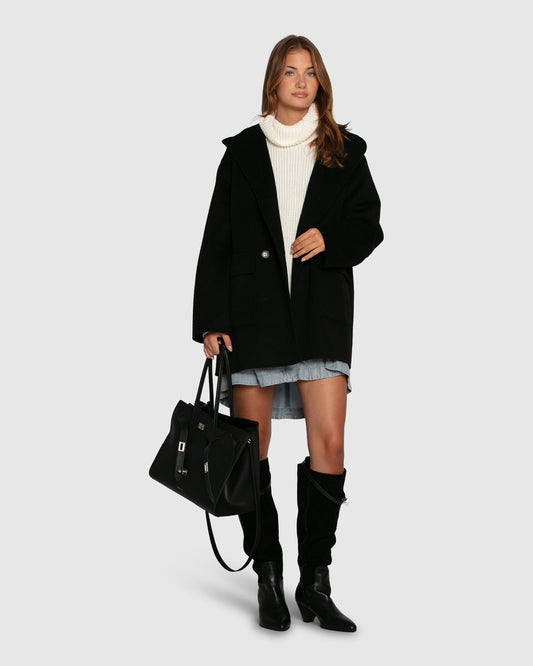 Black Coastal Edit Hooded Wool Blend Coat with double-breasted front and oversized silhouette - front view