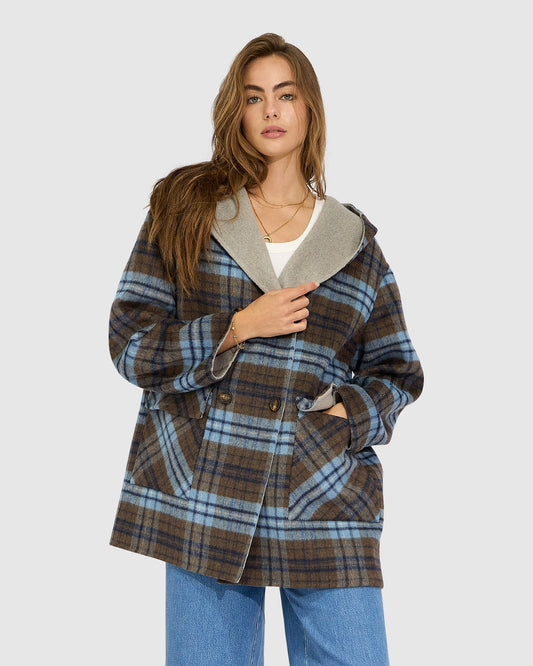 Coastal Edit Hooded Wool Blend Coat - Check
