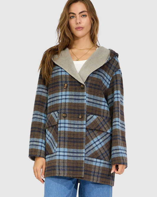 Coastal Edit Hooded Wool Blend Coat - Check