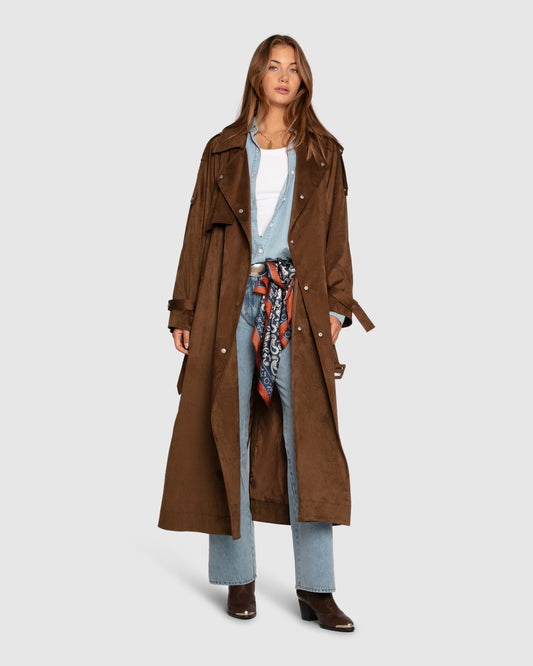 Tobacco Long Lost Lover Soft Maxi Trench with oversized silhouette and relaxed silhouette - front view