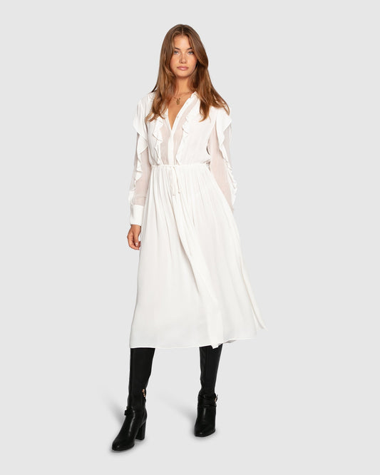White Slow Dance Frill Midi Dress with button front and ruffle detailing - front view