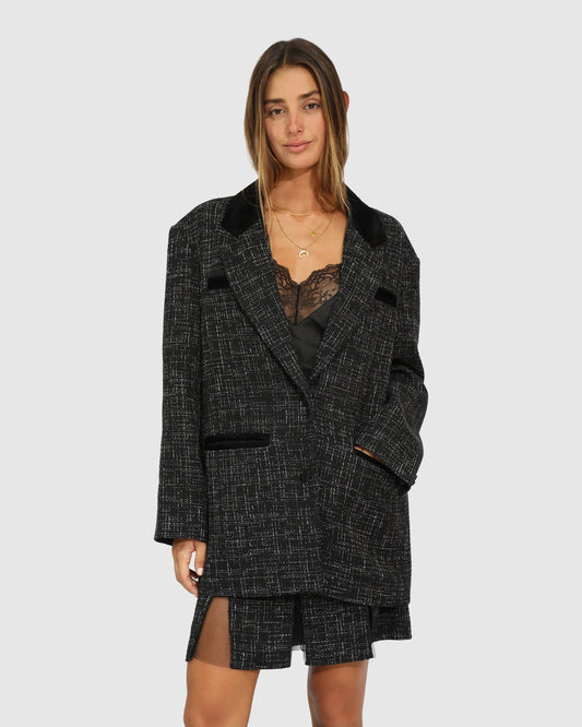 Black City Noir Tweed Oversized Blazer with oversized silhouette and button front - front view