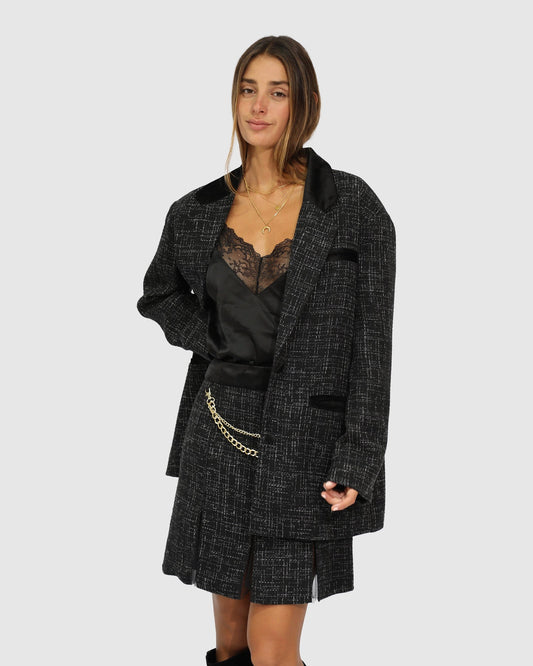 Black City Noir Tweed Oversized Blazer with button front - alternate view