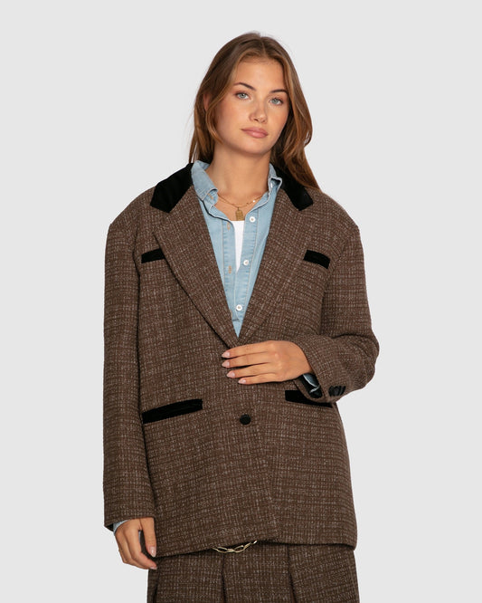 Dark Khaki City Noir Tweed Oversized Blazer with front pockets - alternate view