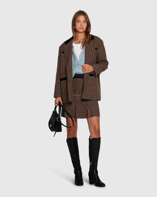 Dark Khaki City Noir Tweed Oversized Blazer with oversized silhouette and button front - front view