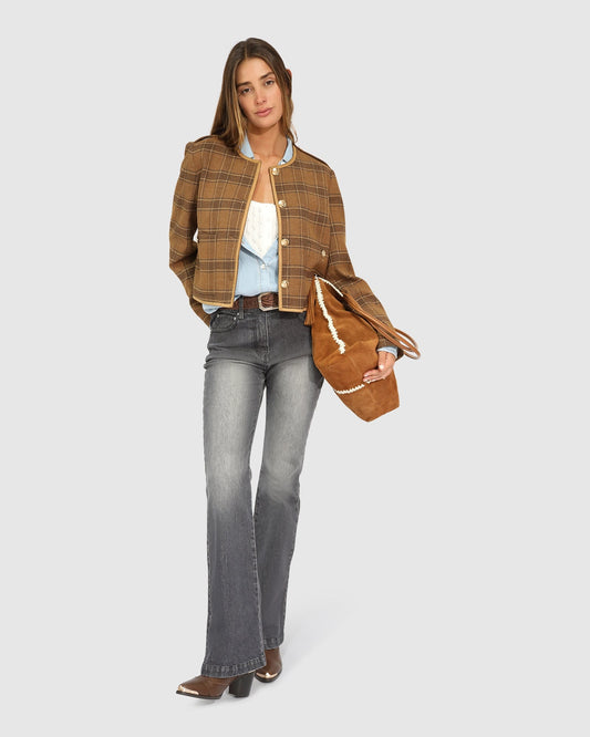 Caramel/Black Check Dynasty Boxy Paisley Jacket with cropped silhouette - alternate view